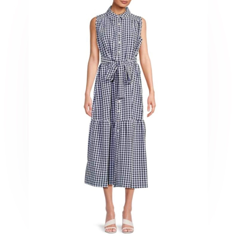 NWT Tommy Hilfiger Navy Gingham Sleeveless Belted Midi Dress Button , size 10